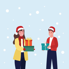 Giving gifts for Christmas concept. Happy man and woman giving gift. Girlfriend and boyfriend in love. Happy holiday congratulations. vector illustration