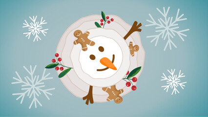 Cute snowman surrounded by gingerbread cookies and winter sparkling snowflakes