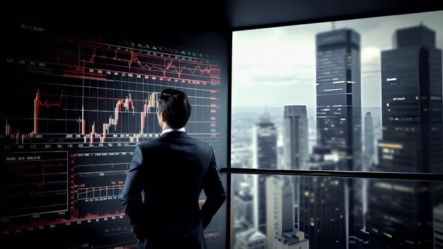 Stock market. Finance investment economy concept. A man in a suit stands in front of a large digital screen displaying stock market data. - Powered by Adobe