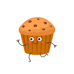 Muffin cute cartoon character runs, sweet baked goods, pastry, smile face kawaii joy happy emotions icon vector illustration.