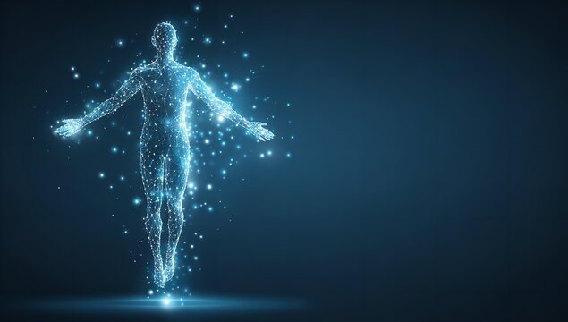 Digital human figure with glowing particles and connected lines representing technology ai and futuristic concepts on a dark blue background