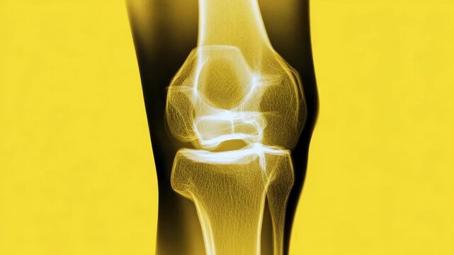 A colorized frontal X-ray of a human knee joint displaying the femur and tibia bones against a solid yellow background