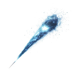 A blue, glowing, shooting star is depicted in the image