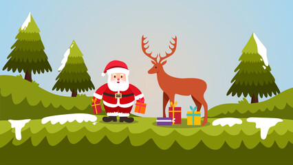 santa and reindeer celebrating christmas with gifts in snowy hills