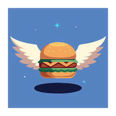 Whimsical flying burger with angel wings cartoon illustration