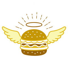 Divine hamburger with golden halo and wings vector illustration