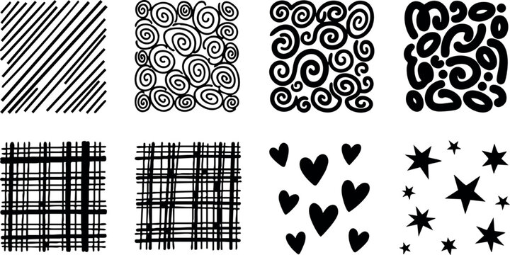 Abstract black and white seamless pattern set with stripes swirls hearts and stars for creative design and decoration vector collection