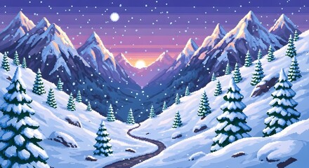 Pixel art winter landscape with snow-covered mountains, pine trees, a winding path, falling snow, and a sunset over the valley.