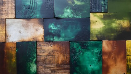 Vibrant flat texture background, hand-stamped abstract block pattern, green and brown painted wooden rectangles, rustic design