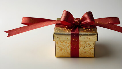 Golden Christmas Gift Box with Red Ribbon