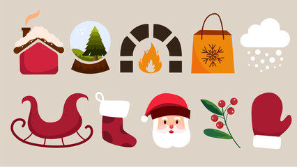 Cozy Christmas icon set featuring warm holiday elements together