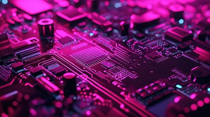 Obraz premium Electronic circuit board glowing under pink neon light