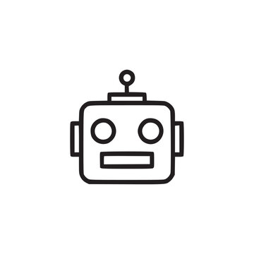 Simple line drawing of a robot head with square shape and antenna on a plain white background view