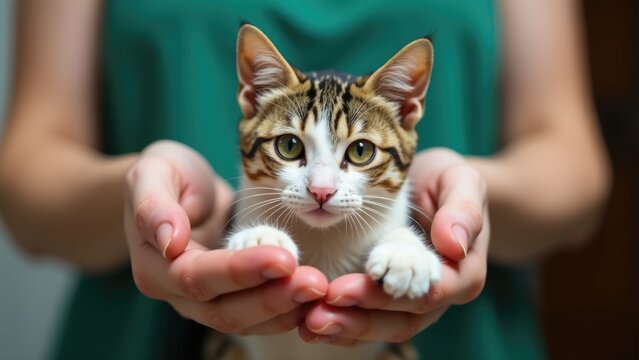 A person cradling a kitten in their hands, conveying tenderness and affection