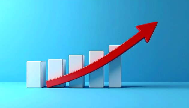 Dynamic 3D render illustrating significant business growth and financial progress with an upward-trending bar chart and a prominent red arrow indicating success and positive market direction