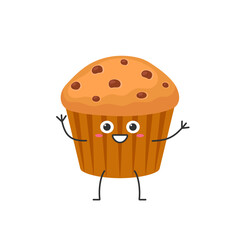 Muffin cute cartoon character greets, sweet baked goods, pastry, smile face kawaii joy happy emotions icon vector illustration.