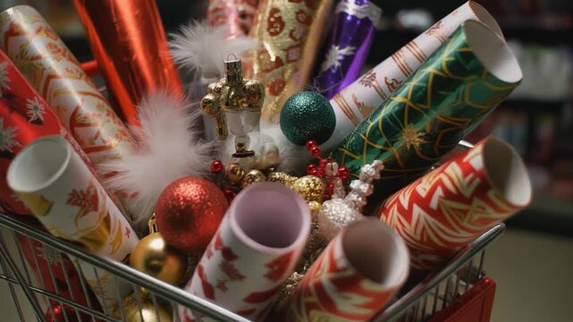Shopping cart full of Christmas wrapping paper and ornaments ready for holiday season.
