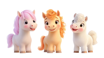 transparent background, isolated image. Cute cartoon ponies with vibrant colors and cheerful expressions, showcasing playful character designs in a whimsical style, perfect for children's themes