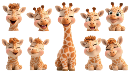 transparent background, isolated image. Cute cartoon giraffes displaying various joyful expressions, showcasing playful personalities and vibrant colors, perfect for children's themes and designs