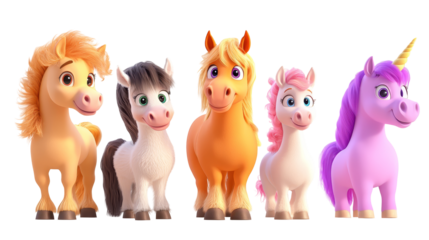 transparent background, isolated image. Colorful cartoon ponies standing together in a row, showcasing various expressions and vibrant colors, perfect for children's themes and playful designs