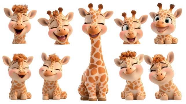 transparent background, isolated image. Cute cartoon giraffes displaying various joyful expressions, showcasing playful personalities and vibrant colors, perfect for children's themes and designs