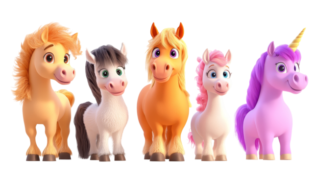 transparent background, isolated image. Colorful cartoon ponies standing together in a row, showcasing various expressions and vibrant colors, perfect for children's themes and playful designs