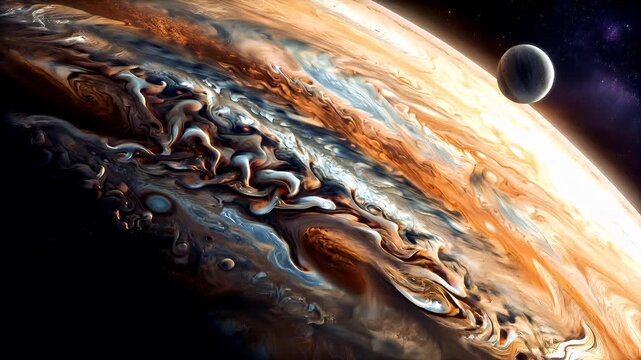 Planet Jupiter closeup. Digital art scifi wallpaper background. A detailed, closeup view of the planet Jupiter, with its iconic swirling clouds and the planets surface illuminated in hues of orange.