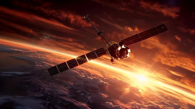 A vivid, highresolution digital artwork of a satellite orbiting Earth. The satellite is depicted in a side profile view, with its solar panels reflecting the fiery hues of the planets atmosphere.