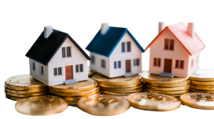 transparent background, isolated image. Miniature houses in various colors placed on stacks of golden coins, representing real estate investment and financial growth concept