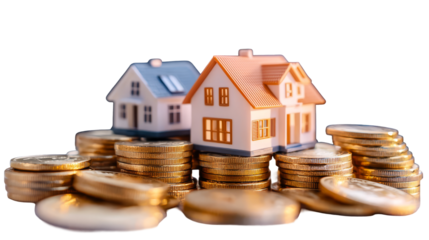 Miniature houses placed on stacks of gold coins, symbolizing real estate investment and financial growth in a vibrant, isolated setting with transparent background