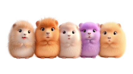 transparent background, isolated image. Group of adorable fluffy hamsters in various colors standing together, showcasing their cute expressions and playful nature, perfect for pet-themed designs 