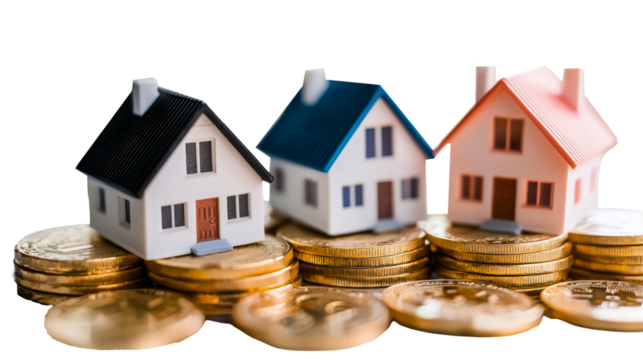 transparent background, isolated image. Miniature houses in various colors placed on stacks of golden coins, representing real estate investment and financial growth concept - Powered by Adobe