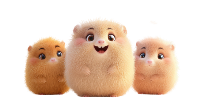 transparent background, isolated image. Cute fluffy hamsters in a playful pose, showcasing their adorable expressions and soft fur, perfect for animal lovers and children's themes with copy space