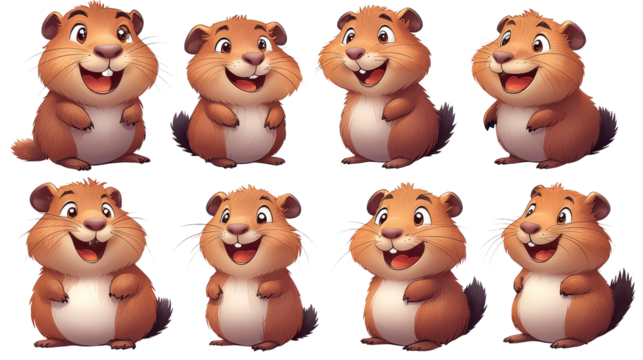 transparent background, isolated image. Cute cartoon illustration of cheerful hamsters with various expressions, showcasing playful and friendly characters in a vibrant and engaging style