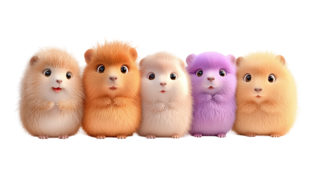 transparent background, isolated image. Group of adorable fluffy hamsters in various colors standing together, showcasing their cute expressions and playful nature, perfect for pet-themed designs 