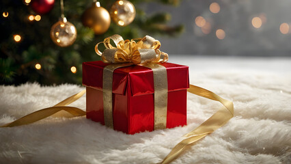 Golden Christmas Gift Box with Red Ribbon