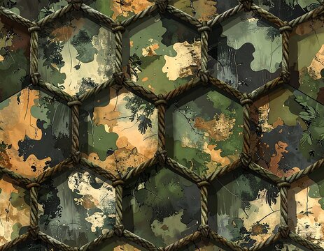 Camouflage background with honeycomb cells and overlaid rope netting - Powered by Adobe