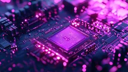 Fototapeta premium Computer processor unit working on circuit board with neon purple light