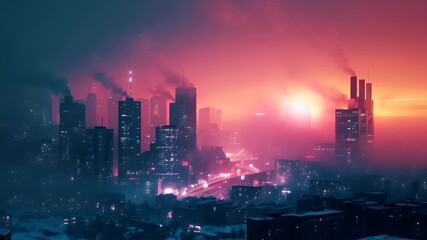 A cyberpunk cityscape at dusk or dawn with a pinkishpurple sky. The city is illuminated by neon lights and skyscrapers, with smoke rising from the top of the buildings. - Powered by Adobe