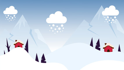 Calm snowy winter landscape featuring small cozy cabin and mountains