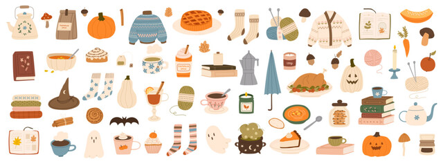 Big set of hand drawn cozy autumn elements. Cute sweater, knitting, candles, hot drink, pie, pumpkin spice latte, leaves. Comfortable lifestyle, winter and autumn mood. Vector flat illustration.