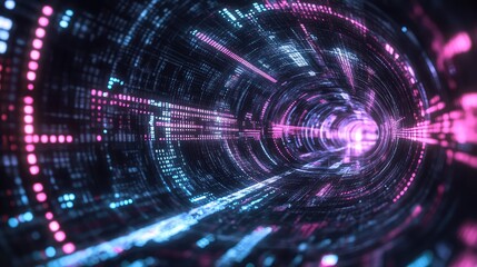 Digital tunnel with glowing data stream moving