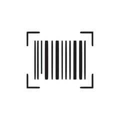 A simple black and white image of a barcode surrounded by a square bracket like scanner on white