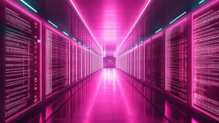 Futuristic server racks in data center glowing pink