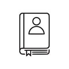 Outline drawing of a book with a person icon on the cover and a bookmark sticking out the bottom