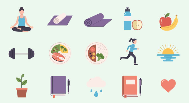 Wellness lifestyle elements promoting healthy habits for fitness, nutrition, and mindfulness, a guide to a balanced lifestyle, originally a scalable graphic