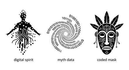 Futuristic technology concepts showcase digital spirit, myth data, and a coded mask, ideal for AI, data science, and cybersecurity themes in modern designs