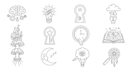 Unlock your imagination with these whimsical icons representing dreams, ideas, and magical adventures for creative projects.