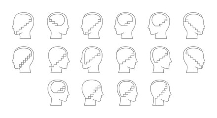 Ascending stairs within head silhouettes symbolize intellectual growth, problem-solving journeys, and the process of learning and development, inspiring progress.