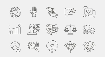 Modern technology and human connection icons symbolizing innovation, AI, collaboration, and empathy in digital age